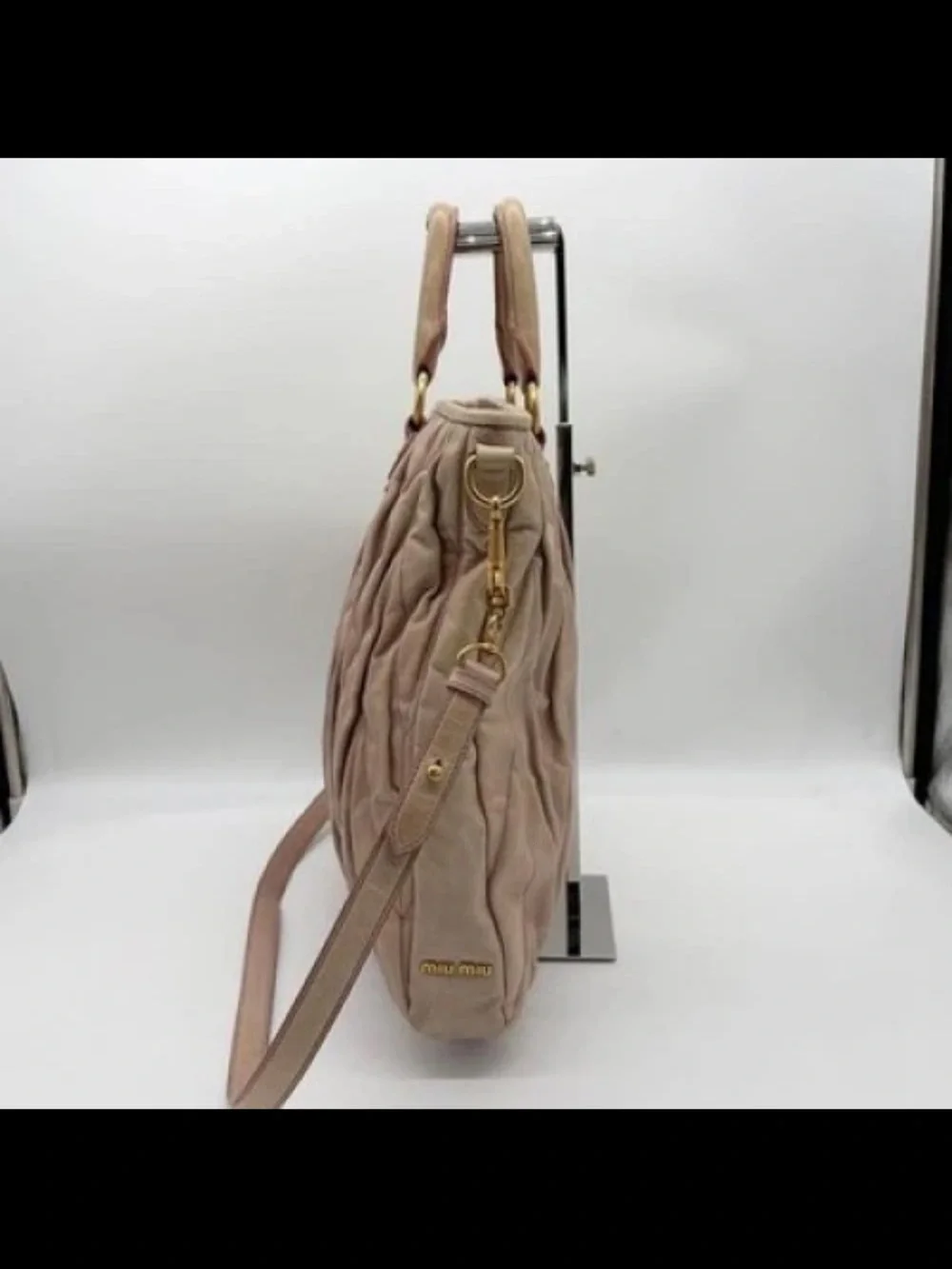Miu Miu Dusty Pink Ruched Leather Tote with Shoulder Strap