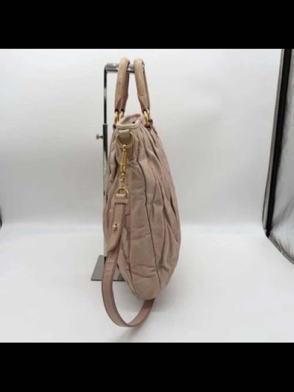 Miu Miu Dusty Pink Ruched Leather Tote with Shoulder Strap