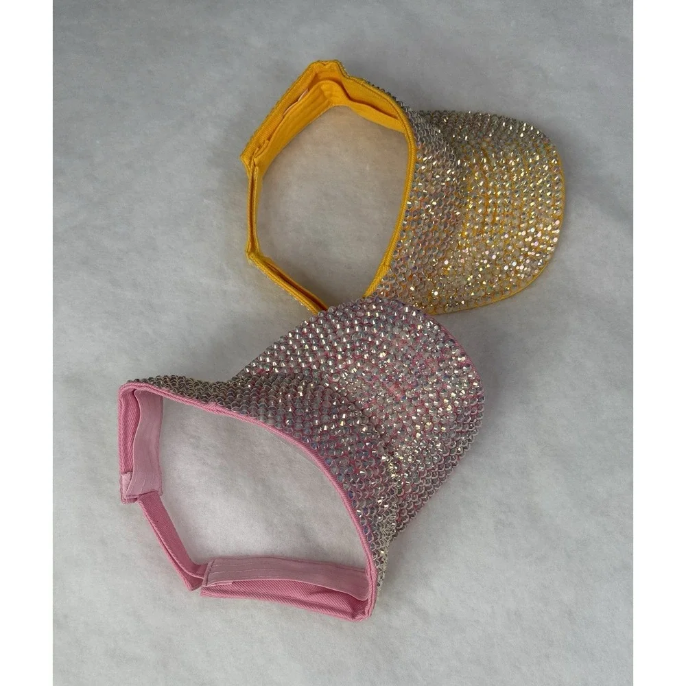 Women's Rhinestone Bling Sun Visor Hat Pink Yellow Sparkly Adjustable