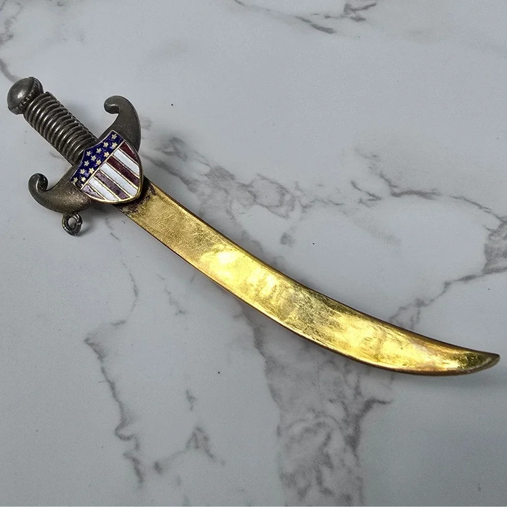 Vintage Scimitar Sword Brooch American Flag Shield Gold Silver Tone Pin 4 Inch