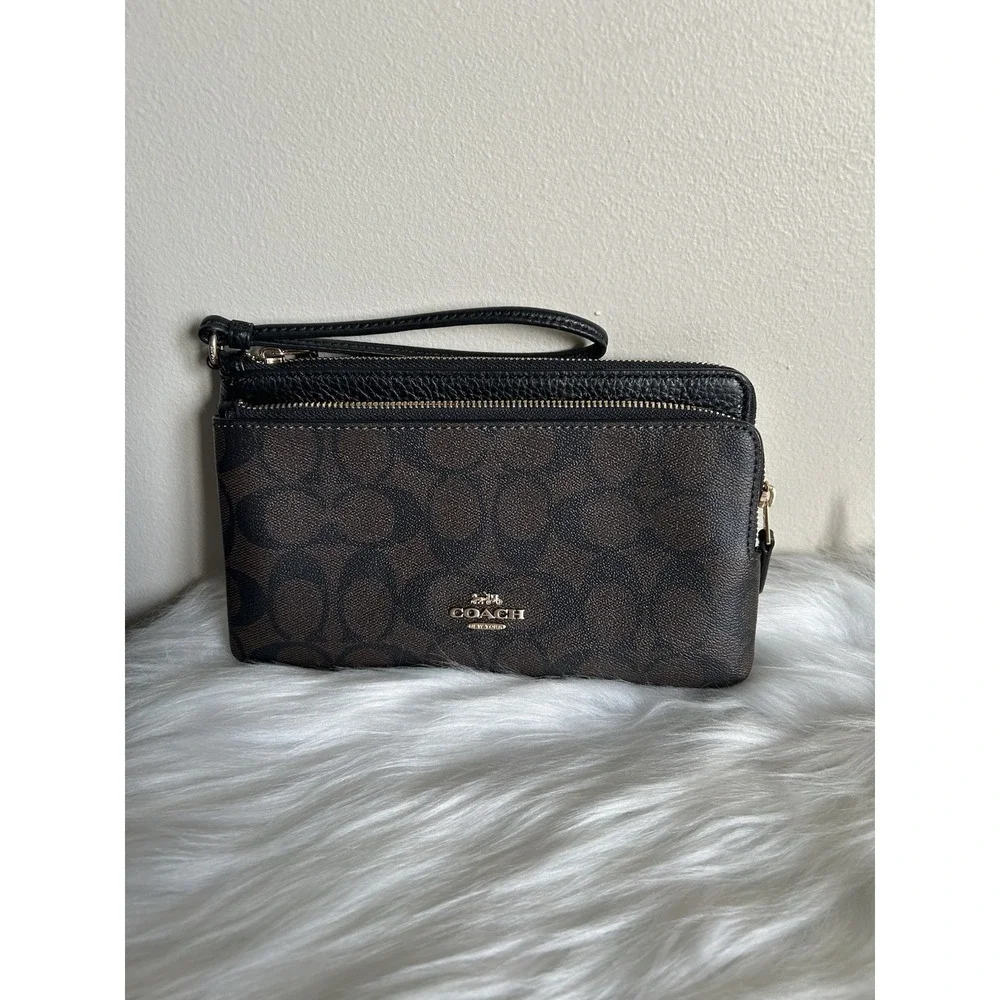 Coach Signature Double Zip‎ Wallet Brown Black Canvas Leather New