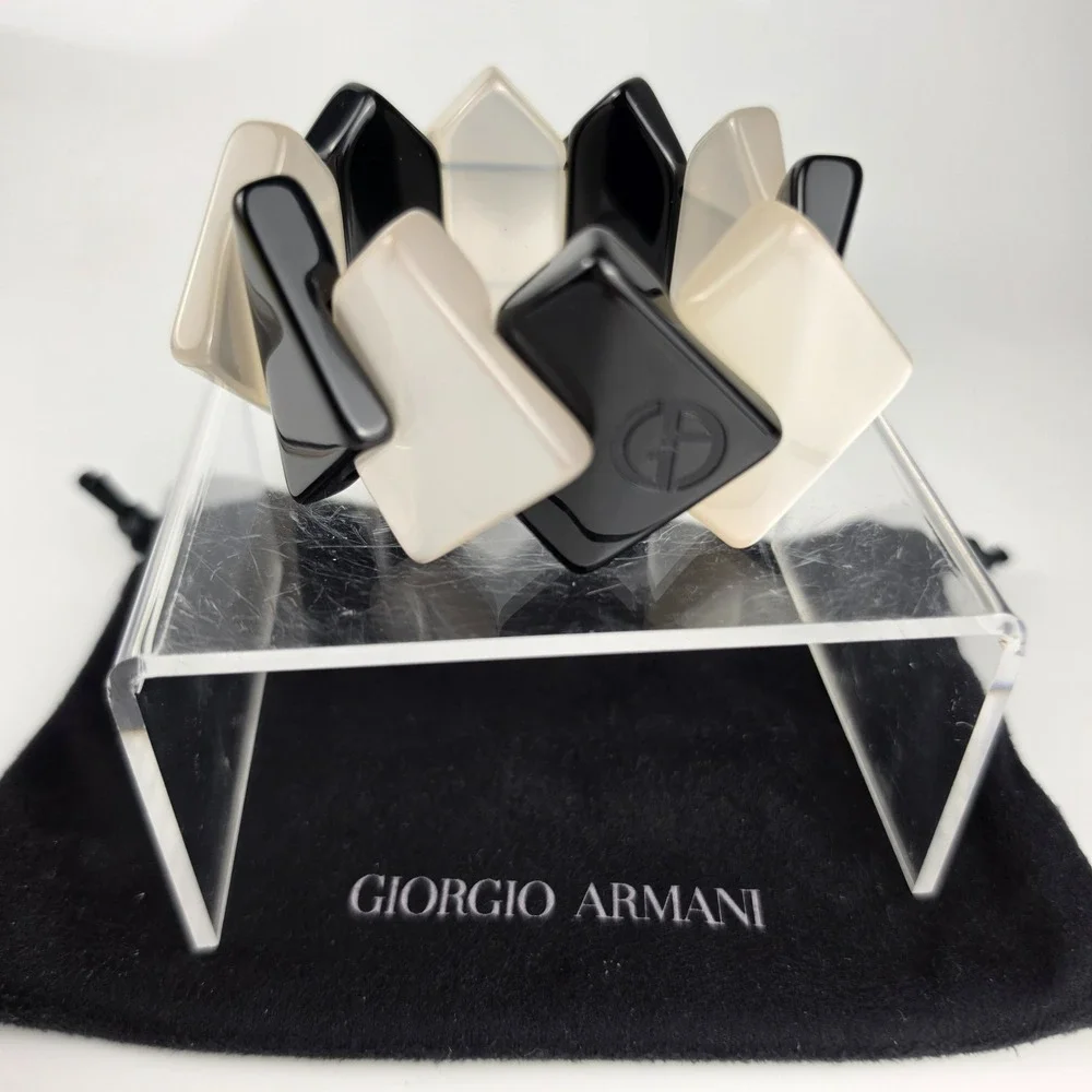 Vintage Giorgio Armani Geometric Resin Block Bracelet Logo w/Dustbag Black White