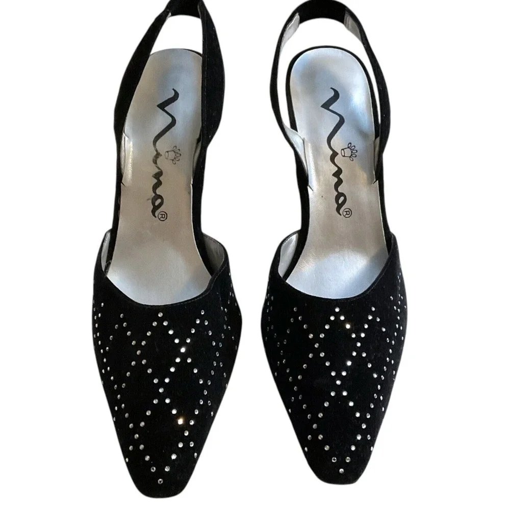 Touch Of Nina‎ Heels Women's Size 7M Black Suede Sparkle Rhinestones Slingback's
