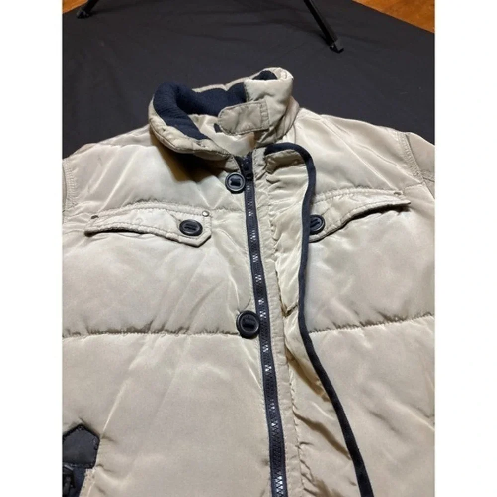 Zara Man Puffer‎ Jacket Tan Navy Blue Quilted Bomber Coat Mens Medium RN77302