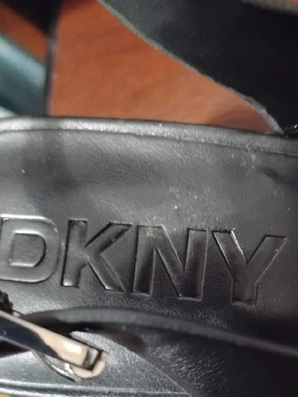 DKNY Black Pointed Slingback Heels with Silver Buckle Accent