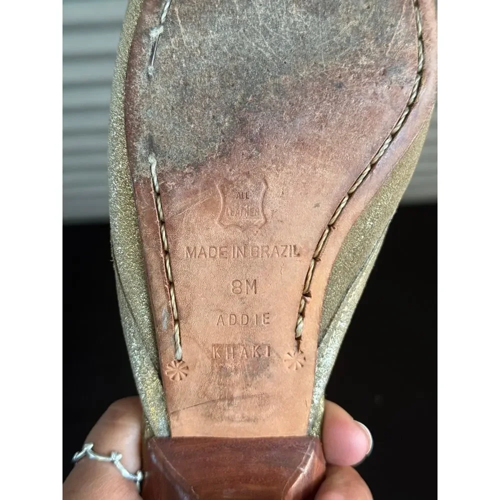 Oliver Addie Khaki Metallic Gold Leather Kitten Heel Mules Size 8 Pointed Toe