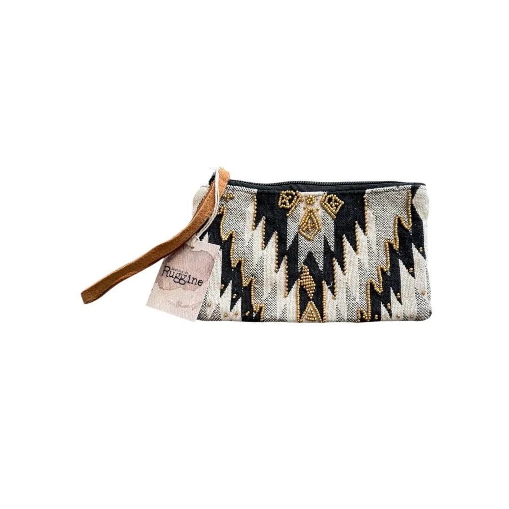 Macchie di Ruggine Beaded Geometric Wristlet Pouch‎ Black White Gold Boho NWT