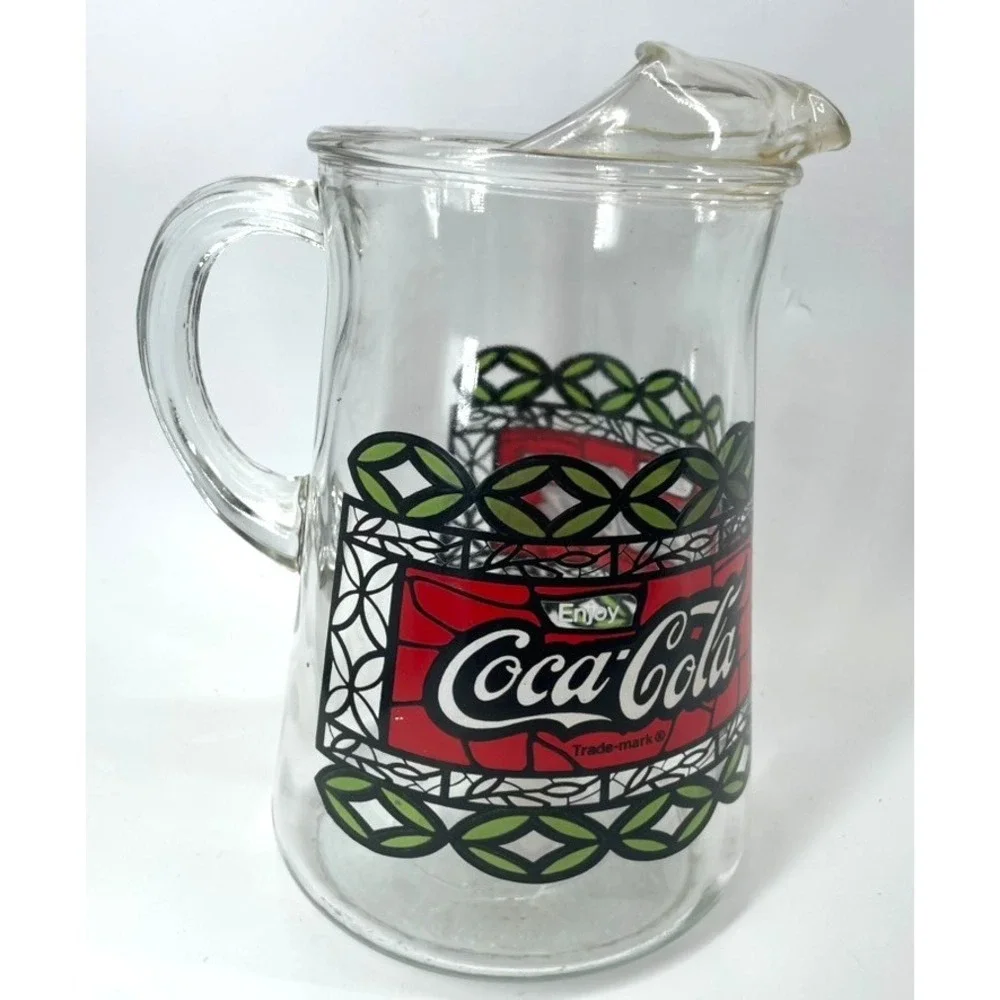 Vintage 1970 Coca-Cola Tiffany Style Stained Glass Pitcher Ice Guard holds 72 oz