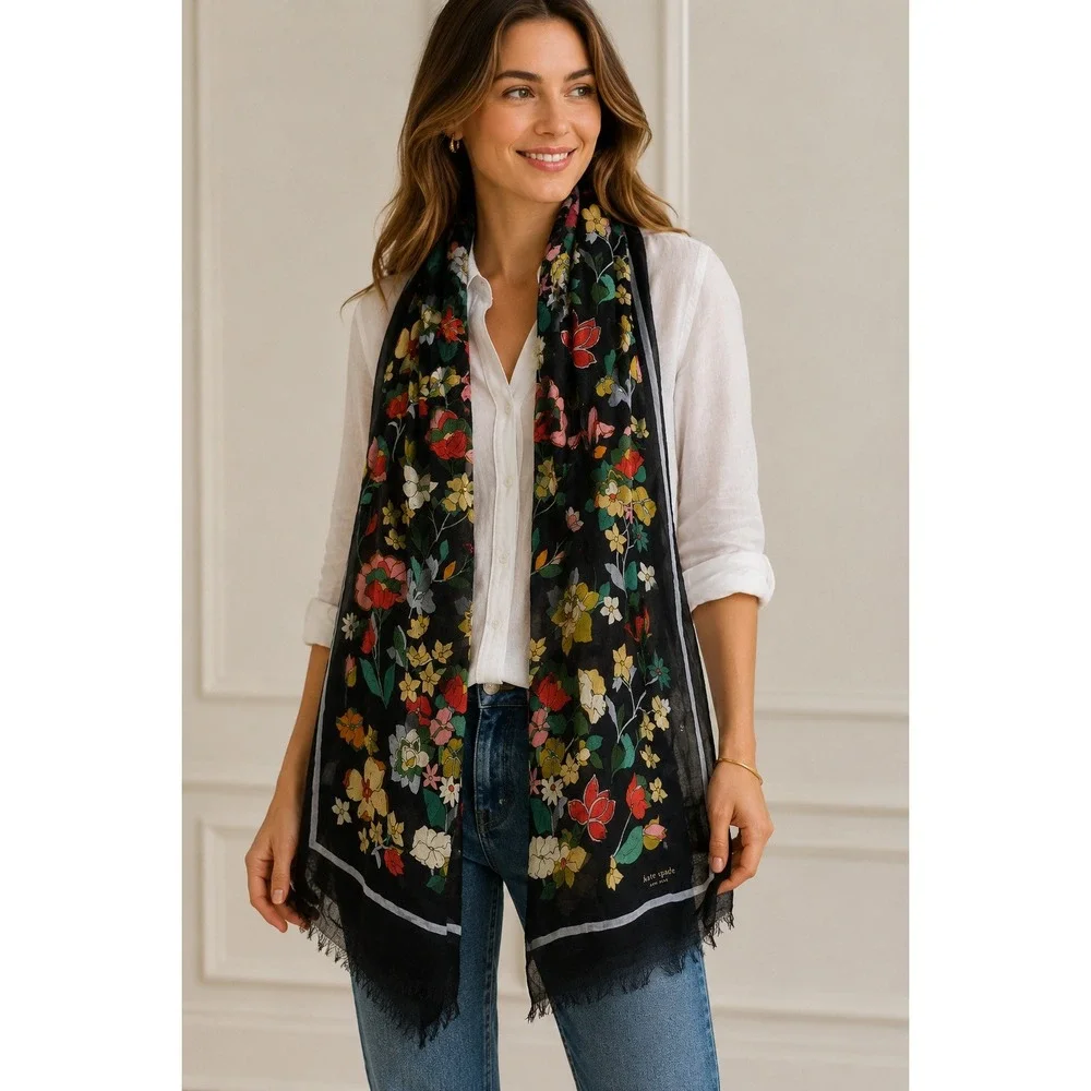 Kate Spade Floral Scarf Oblong Wrap Black‎ Sheer Lightweight Colorful