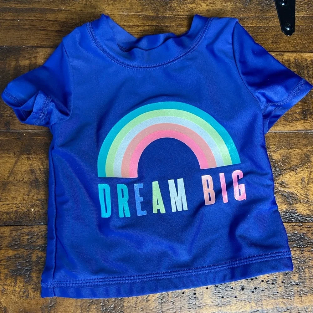 Carters Infant Girls Blue Dream Big‎ Rainbow Rash Guard Swimming Suit Top 6M