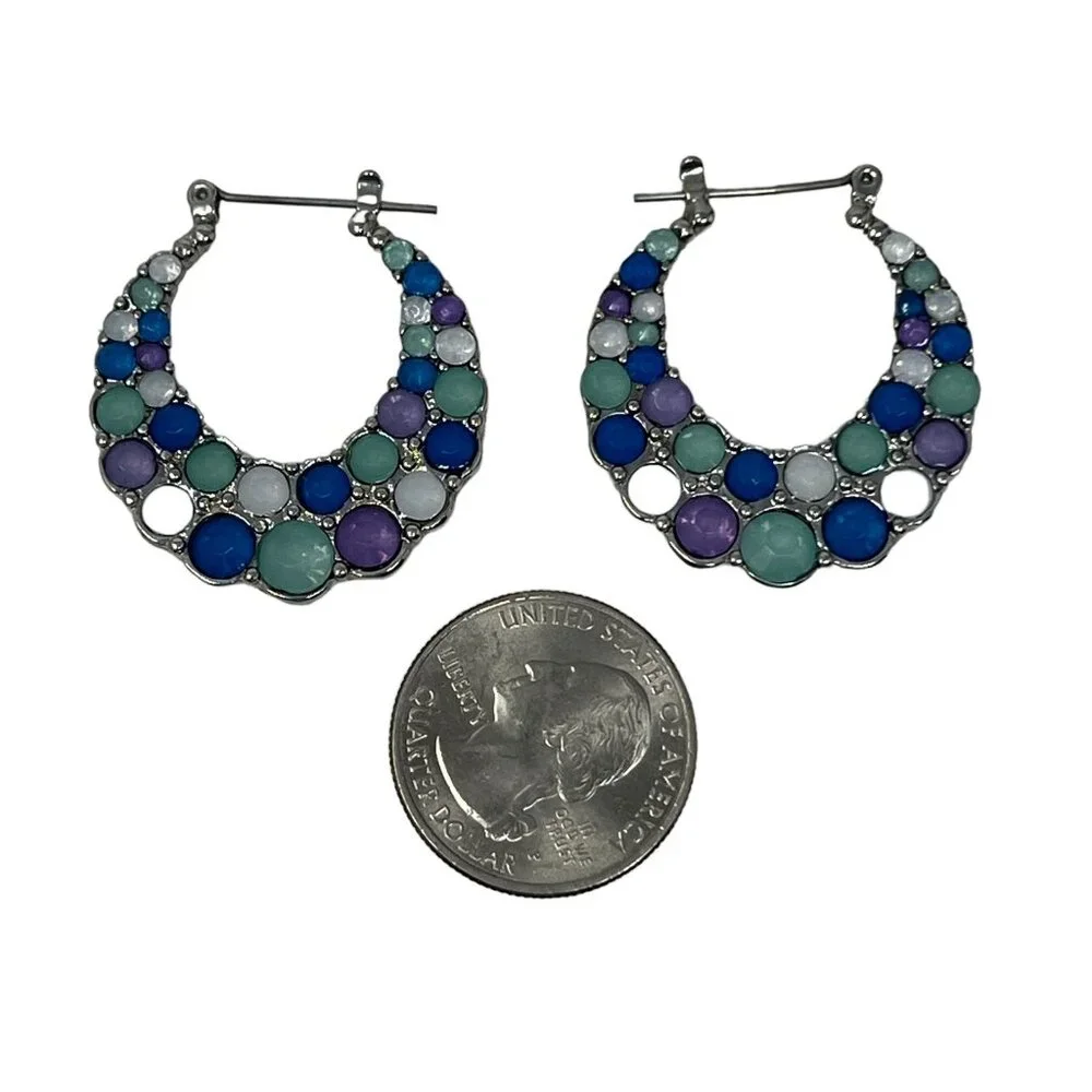 Hoop Earrings Silvertone Purple Blue White Faceted Bubble‎ Hinged Back