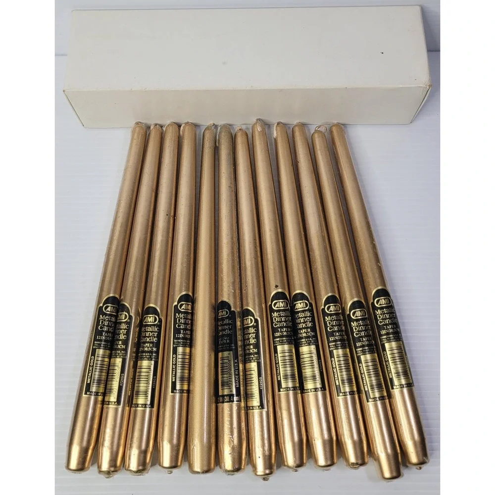 VTG Lot Of 12 AMI Metallic Gold Taper Dinner Candles 12