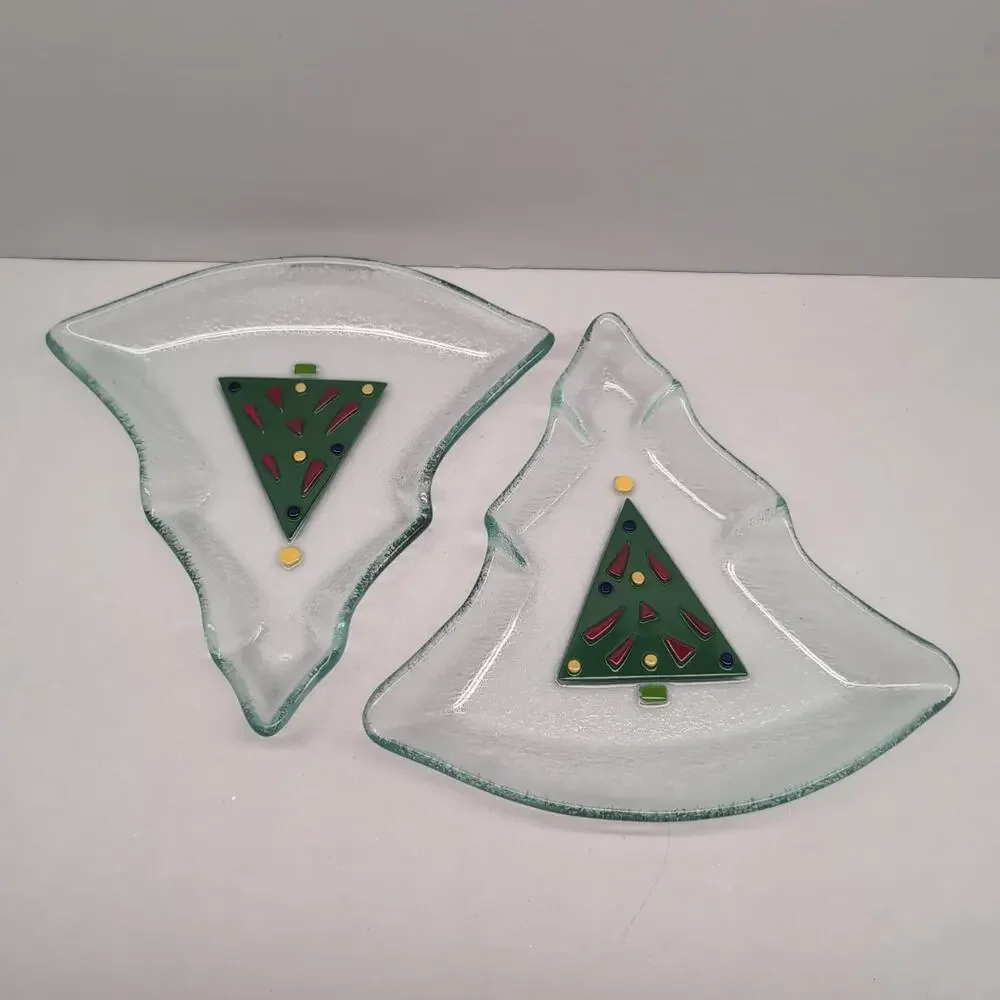 Lot of 2 Gorham Fused Glass Christmas Tree Shaped Candy Dish‎