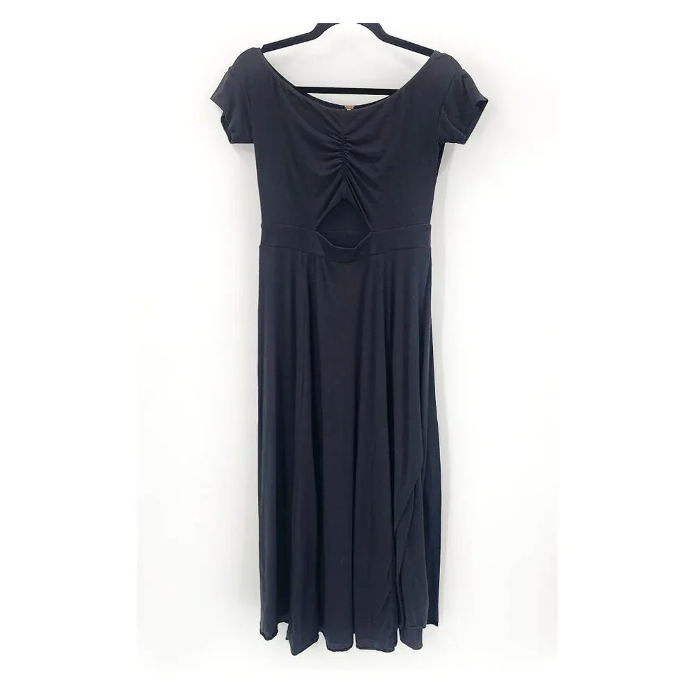 FREE PEOPLE Cut Out Pima Cotton Maxi Dress Midi Fit & Flare Keyhole Black‎