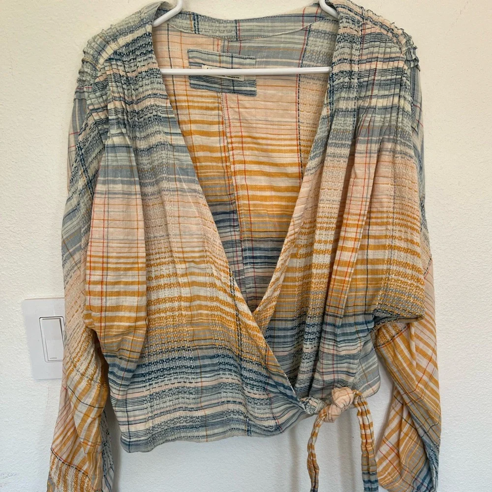Lightweight Striped Wrap Blouse in Yellow & Blue