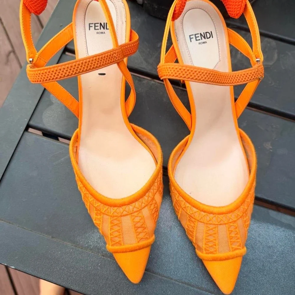 Fendi Colibri Orange Mesh Slingback Pumps Neon Pointed Toe Kitten Heels 36.5