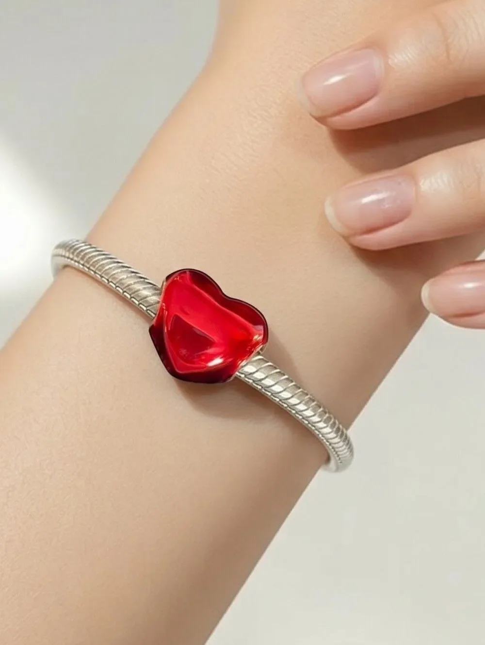 Puffy Metallic Red Heart Bracelet Charm Shiny Enamel Love Girlfriend BFF Gifts