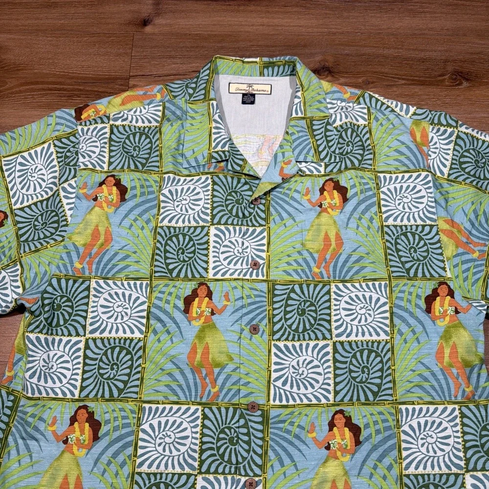 Tommy Bahama Shirt Mens XL Green Blue Hula Girl Hawaiian Silk Beach Casual Check