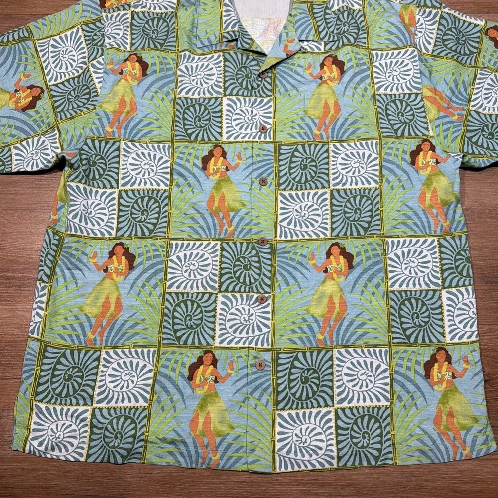Tommy Bahama Shirt Mens XL Green Blue Hula Girl Hawaiian Silk Beach Casual Check