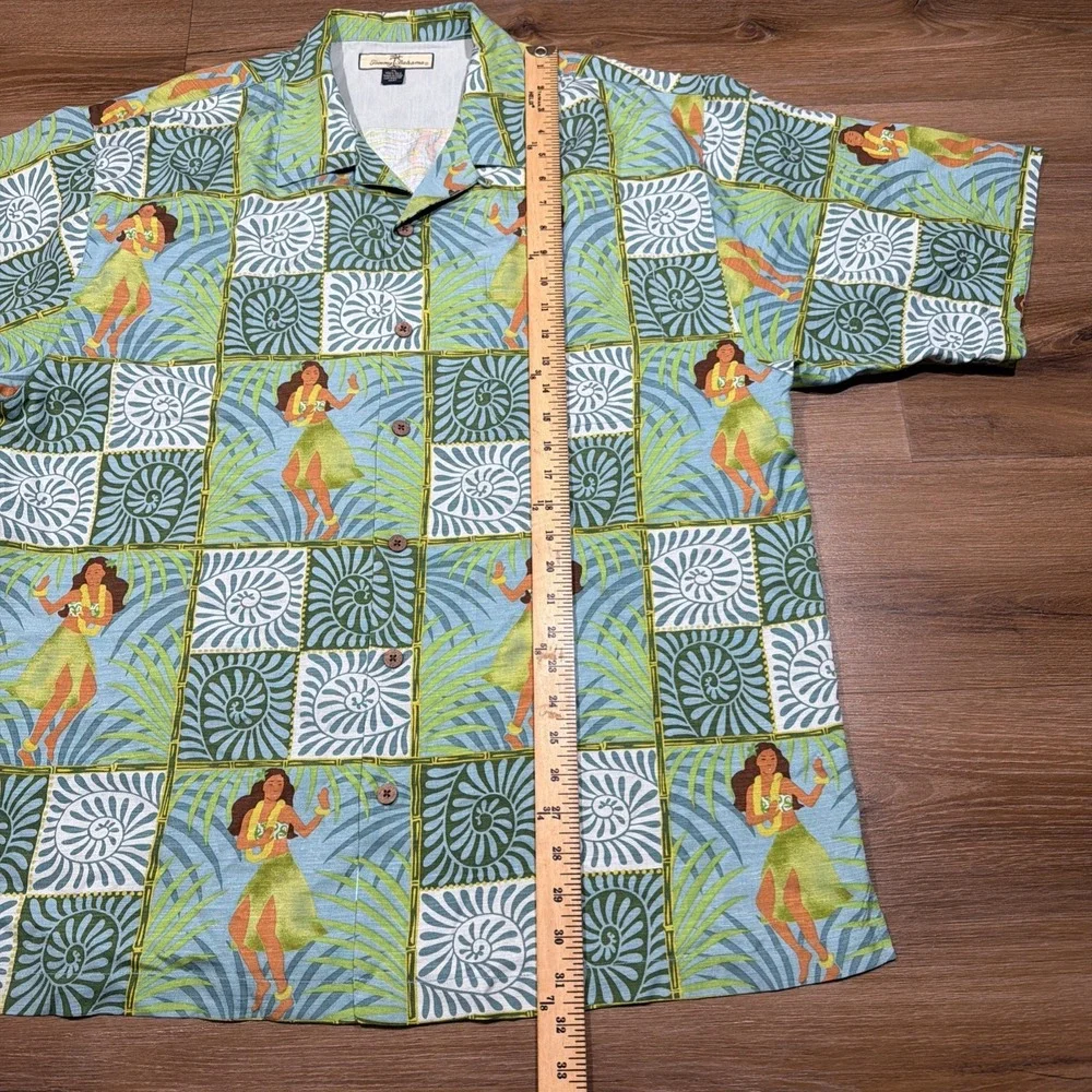 Tommy Bahama Shirt Mens XL Green Blue Hula Girl Hawaiian Silk Beach Casual Check