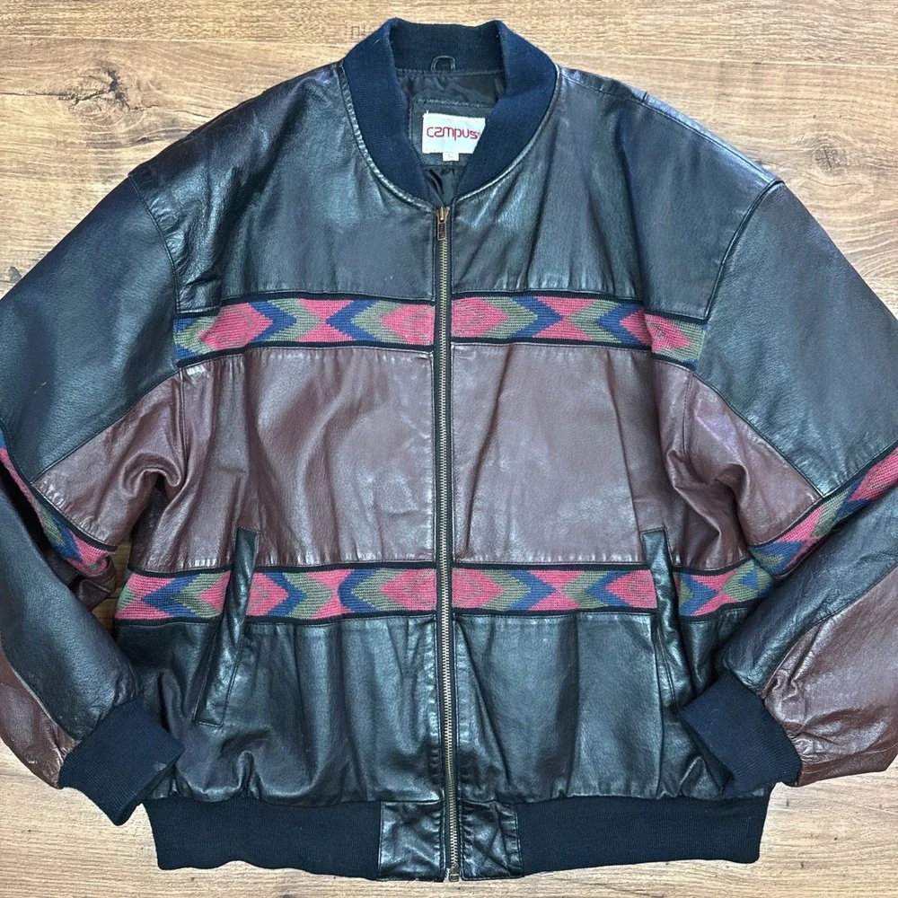 Vintage 80s Campus Leather Bomber Jacket Mens Large Southwest Aztec Native Retro