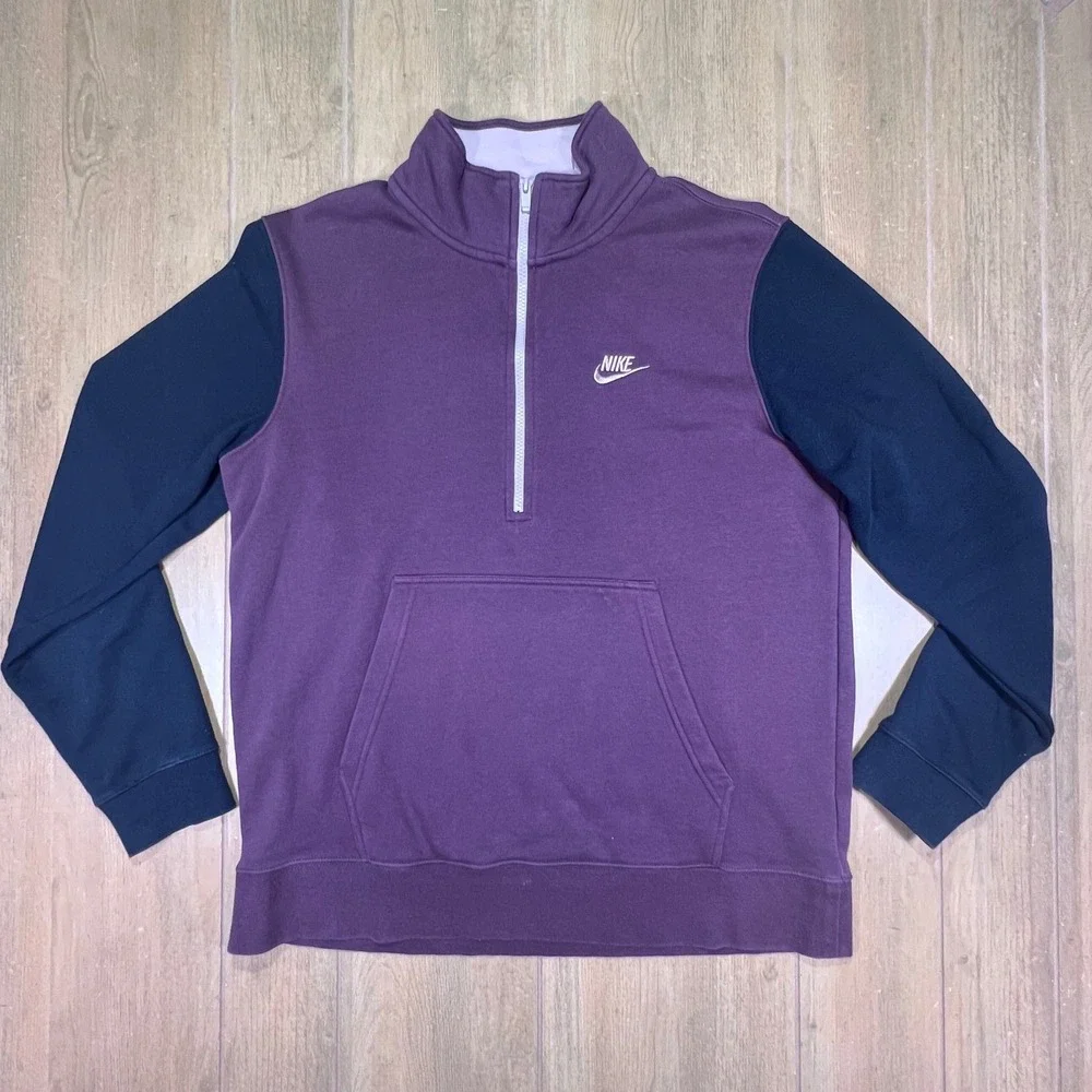 Nike‎ Mens Club Fleece size Lg Quarter Zip Colorblock Pullover Plum Navy retro