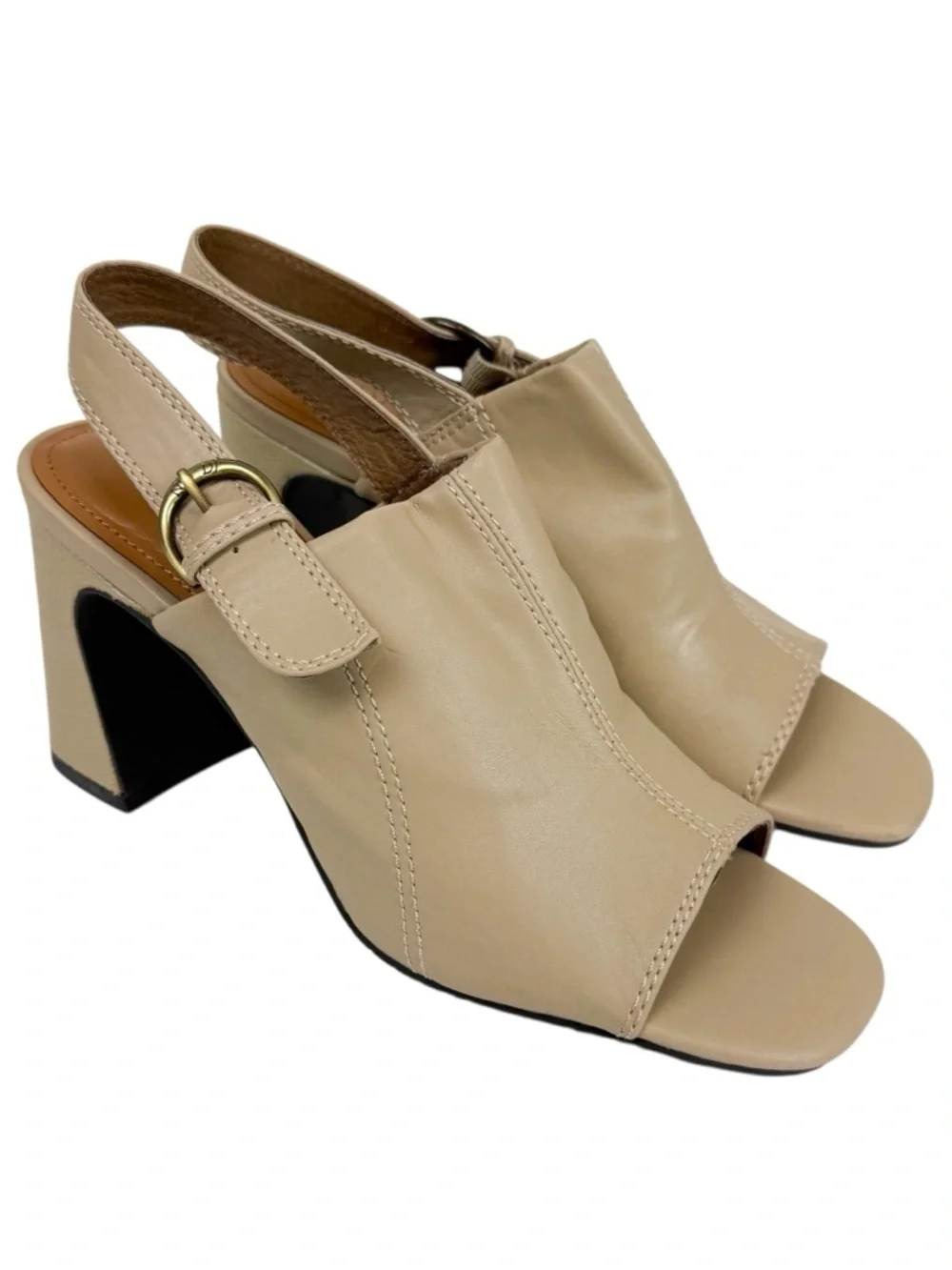 NYDJ Lyssa Neutral Leather‎ Square Toe Block Heel Sandal Sand Size 9