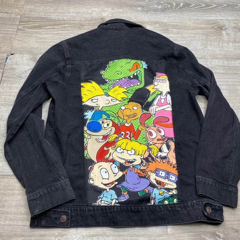 Nickelodeon Denim Jacket Mens S Black 90s Nicktoons Graphic Rugrats Hey Arnold