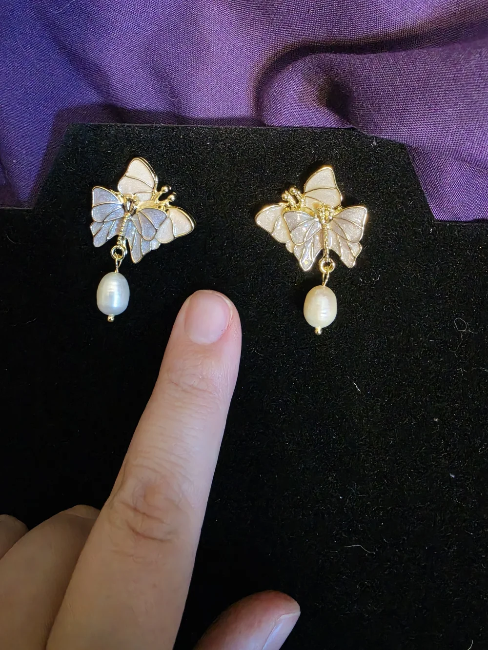 Gold Butterfly Pearl Drop Earrings - White Enamel