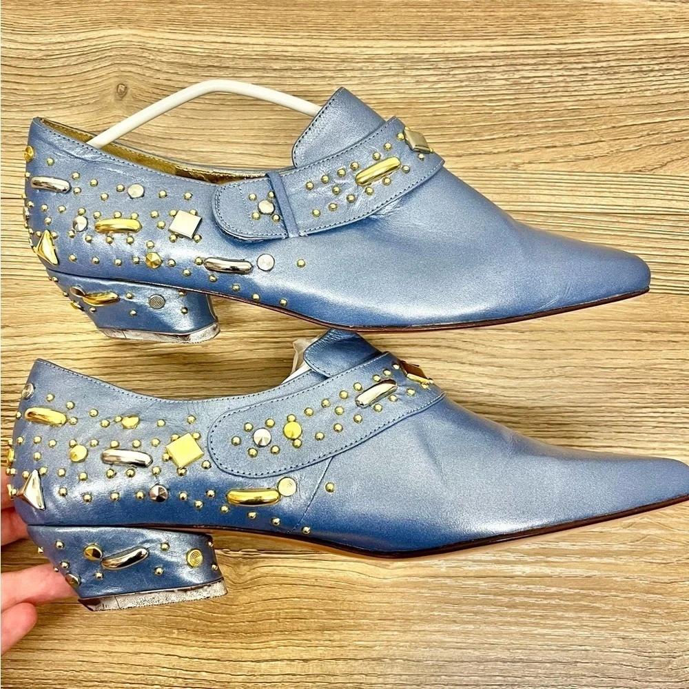 Fantasy Vintage 1980s Blue Leather Pumps - Size 7.5 Sculptural Jewel-Like Studs