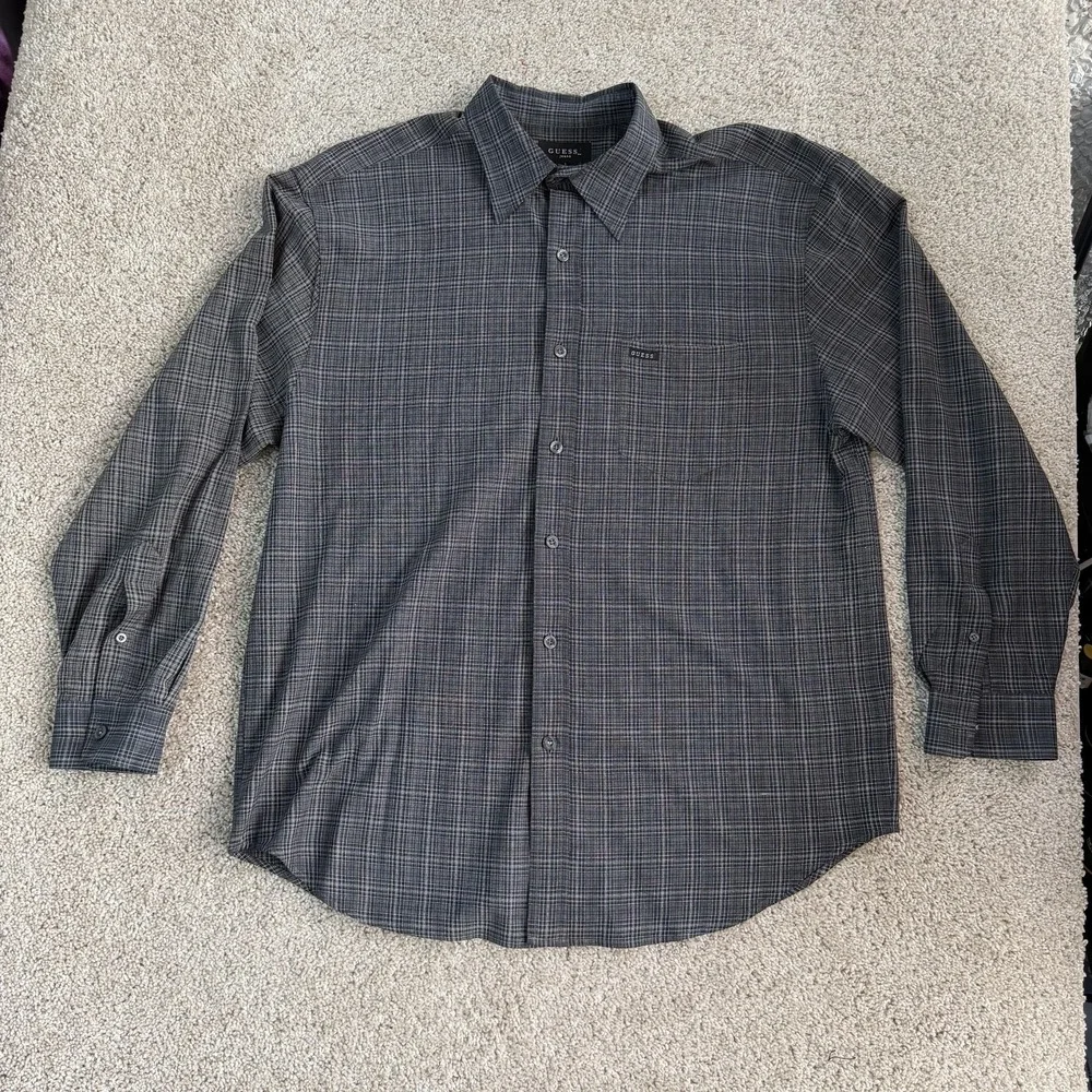 GUESS Jeans Shirt Mens Large Black Check Long Sleeve Button Up Casual Poly Blend