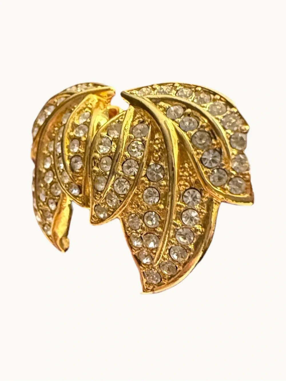 Gold Crystal Leaf Clip Earrings - Sparkling Gold Tone