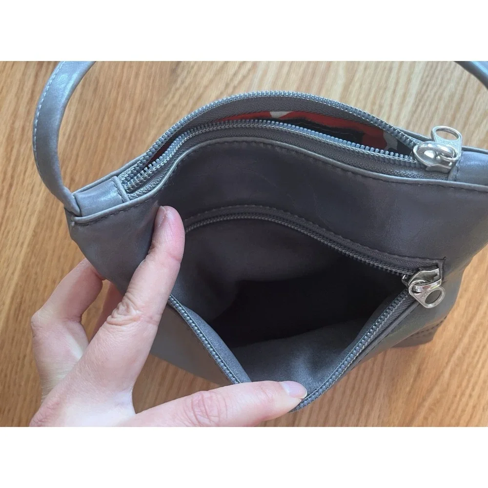Crystalyn Kae Gray Vegan Leather Crossbody‎ Bag Floral Lining Minimalist Luxe