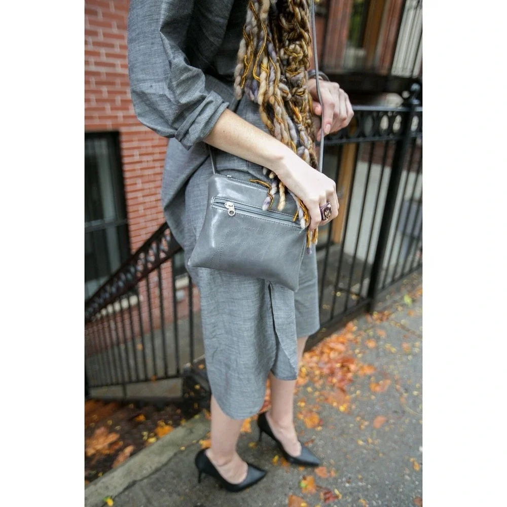 Crystalyn Kae Gray Vegan Leather Crossbody‎ Bag Floral Lining Minimalist Luxe