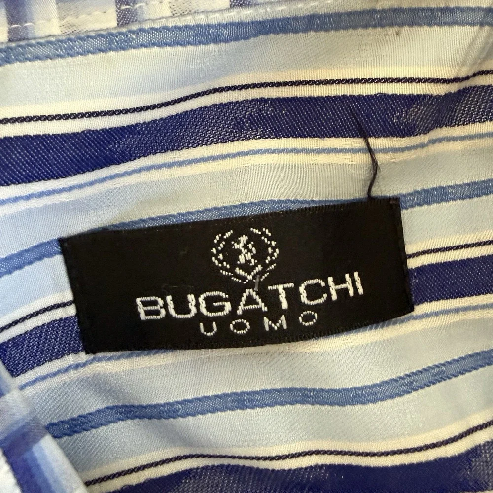 Bugatchi Uomo Men's XL Blue White Stripe Long Sleeve‎ Button Up Shirt Collar Top
