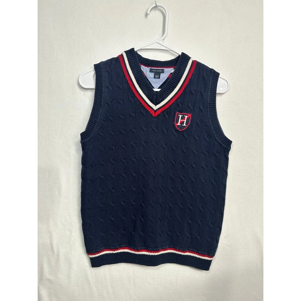 Tommy Hilfiger Boys Navy Cable Knit V-Neck Sweater Vest Striped‎ Trim Sz L 16-18