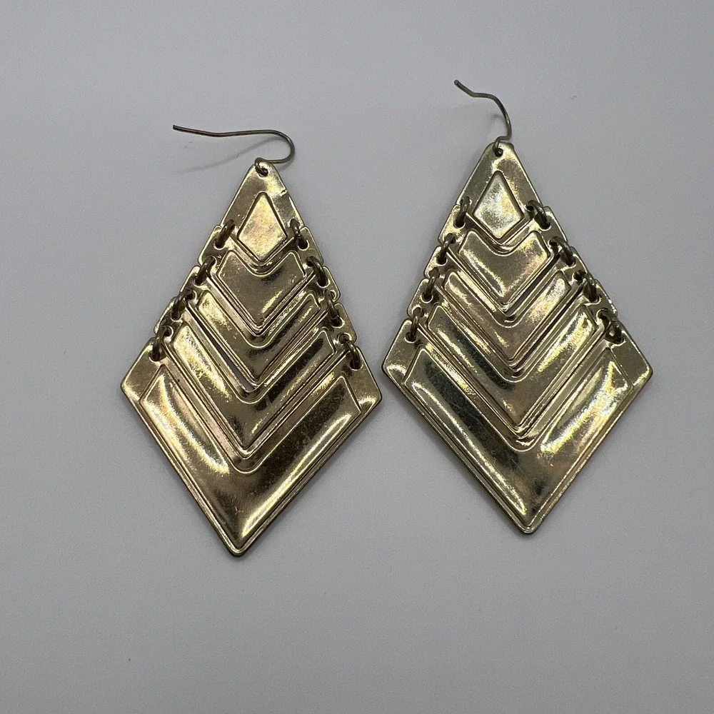 Gold Tone Cream Enamel Tiered Chevron Geometric Diamond Drop Earrings Large