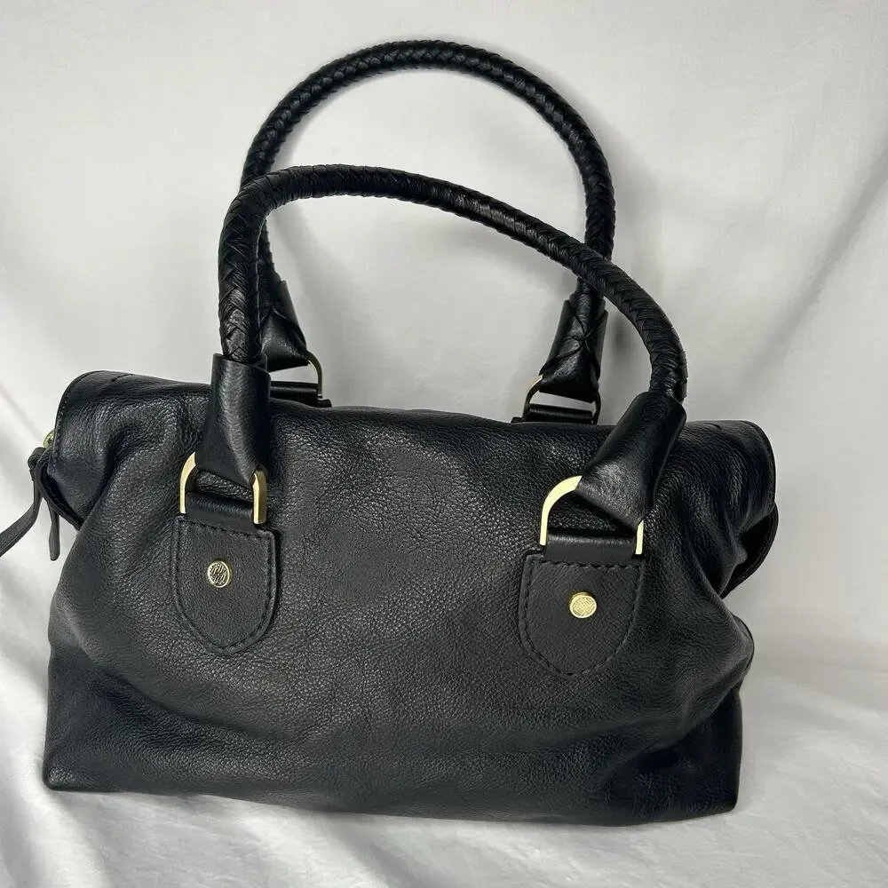 Cole Haan Black Pebbled Leather Shoulder Bag Braided Handles Magnetic Closure