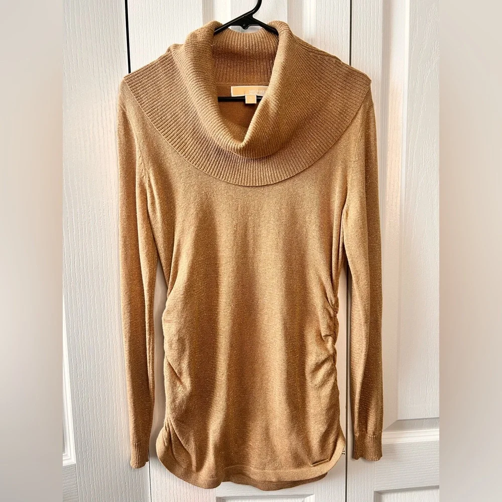 MICHAEL Michael Kors Metallic‎ Gold Cowl Neck Sweater Ruched Sides Small Stretch
