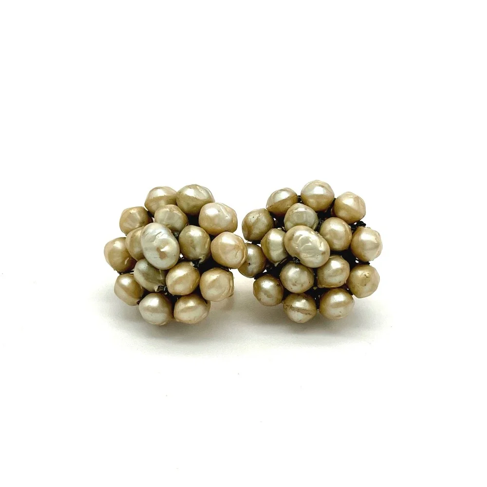 Vintage Faux Pearl Cluster Earrings Gold‎ Tone Clip On