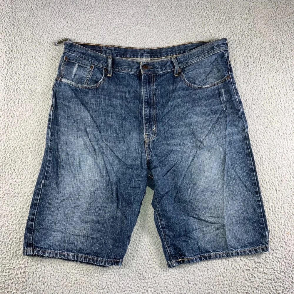 Levis 569 Denim Shorts Men 40 Blue‎ Loose Dark Wash Jorts Whiskered y2k Skater