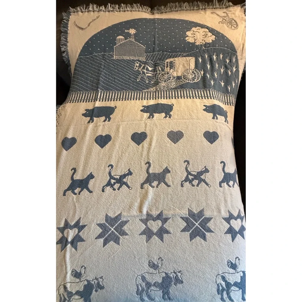 Vintage Woven Tapestry Throw‎ Blanket Country Farm Animals Blue Cream Fringed