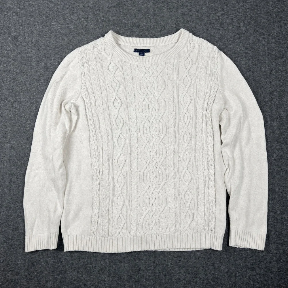 Tommy Hilfiger Cable Knit Fisherman Sweater Mens Large White Cotton Crew Neck