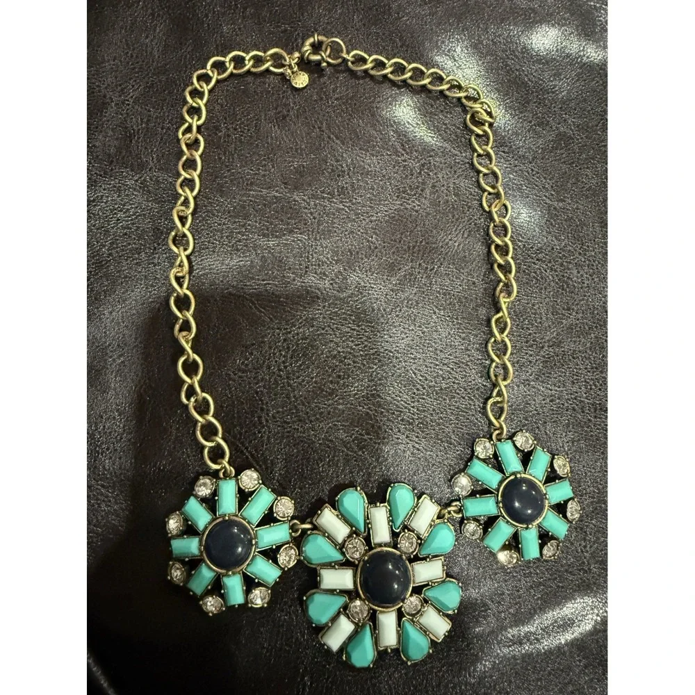 J‎ Crew Statement Necklace Gold Tone Turquoise Blue Flower Gemstone Pendant