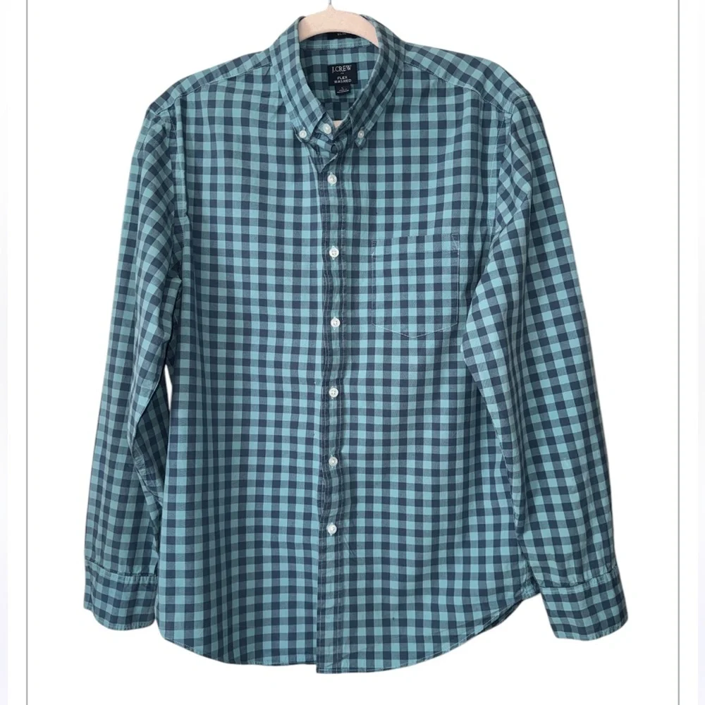 J.CREW FLEX WASHED Men’s large  Blue‎ Check Cotton Stretch Button-Up Shirt