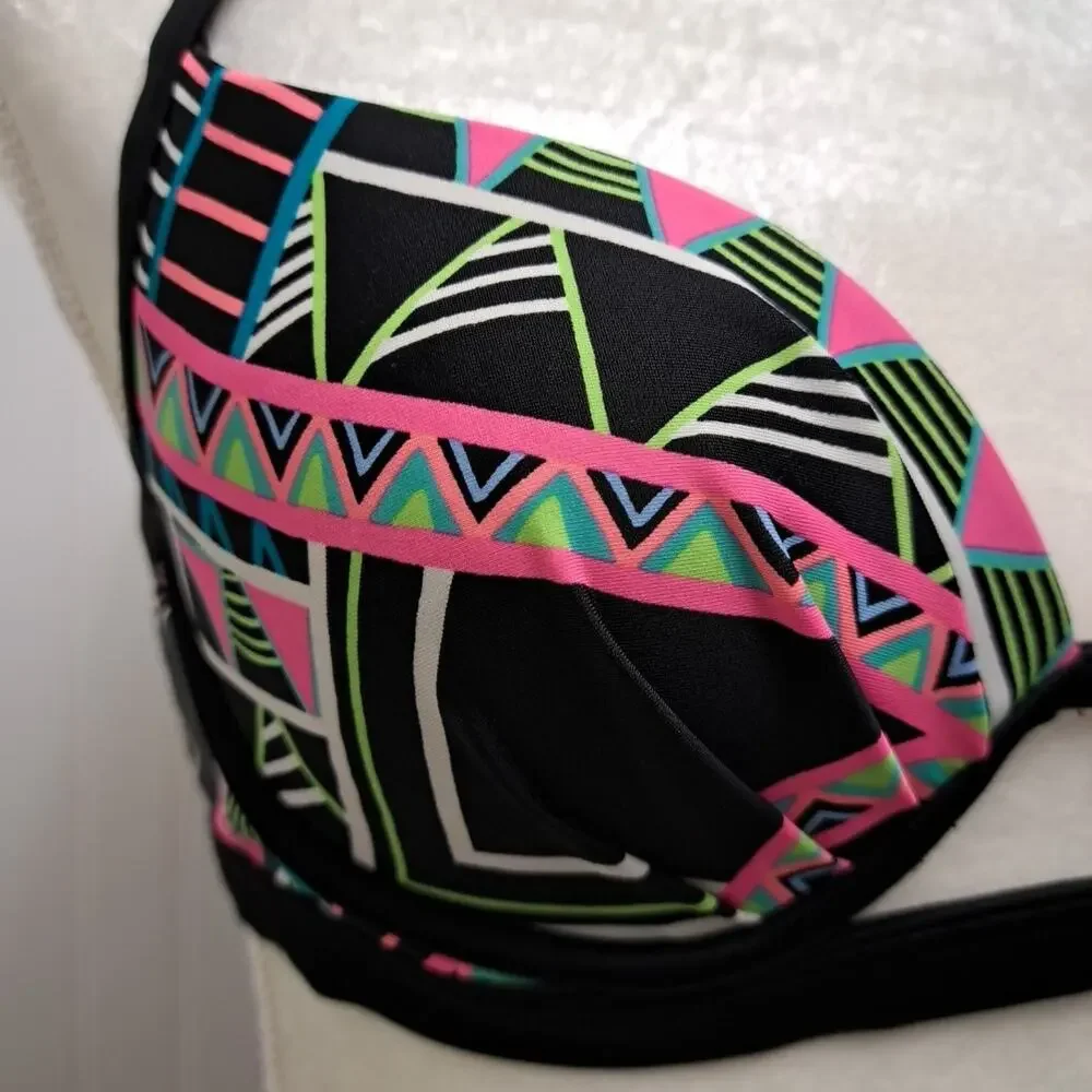 Coco Rave Bikini Swim Top Womens 34 B/C Cup Black Neon Geo Print Underwire Beach