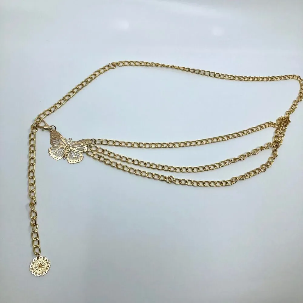 Women's Gold Butterfly Layered Chain Belt, 40.5 Inches, X7G9A1050