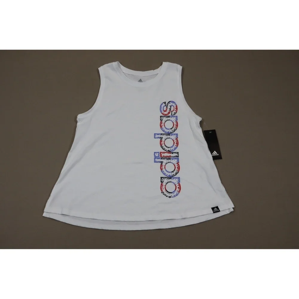Adidas Big‎ Girls Waist Length Sleeveless Tank Top - White with Red - Size XL 16