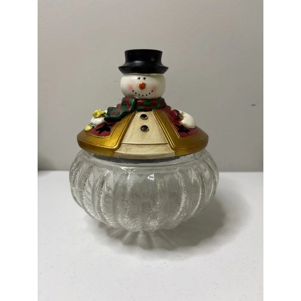 Vintage Christmas Snowman‎ Glass Candy Dish Holiday Decoration Jar