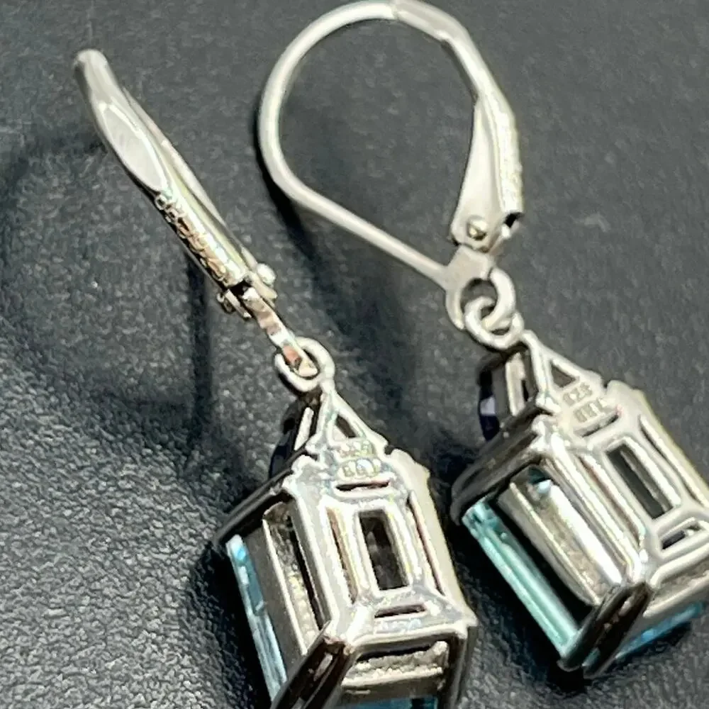 BBJ 925 Sterling Silver Emerald‎ Cut Blue Topaz Sm Sapphire Lever back Earrings